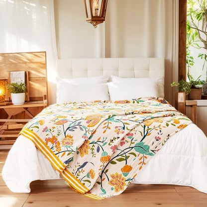 VANJOROY Boho Throw Blanket, 100% Organic Cotton Breathable Ultra Soft 91" x 108" King Bed Quilt Throw - All Season Floral Rustic Farmhouse Decor Luxury Blanket for Sofa Couch Chair and Gift