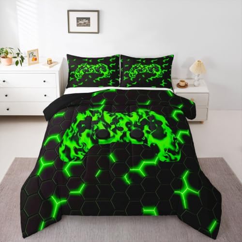 Erosebridal Gamer Comforter Set for Boys & Teens - Geometric Honeycomb Hexagon Pattern - Twin Size Gaming Bedding Set - Green & Black Duvet Set