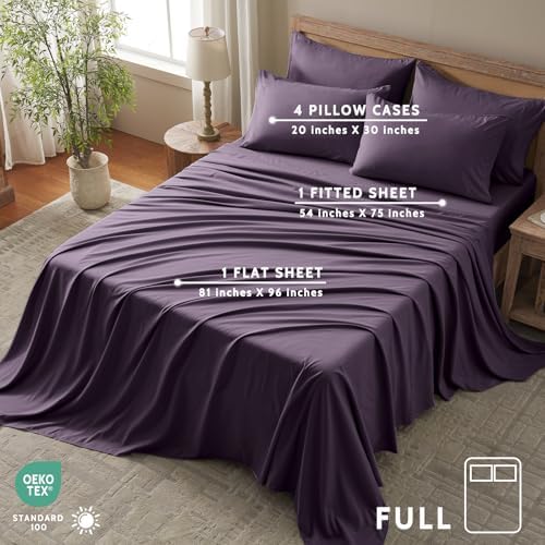 Full Size Bed Sheets - 6 Piece Soft Microfiber and Wrinkle Free Sheets - Easy Care, Extra Soft, Cooling Sheets - 1 Deep Pocket Fitted Sheet 1 Flat Sheet and 4 Pillowcases (Full Purple)
