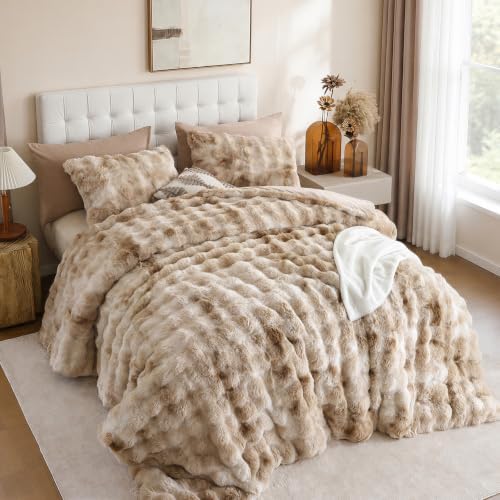 YIKUSH Twin Faux Fur Soft Comforter Set, Fluffy Bedding Set, Tiedye Beige