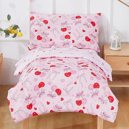 Mooreeke Toddler Bedding Sets for Girls,4 Pieces Pink Cherry Bow Printed