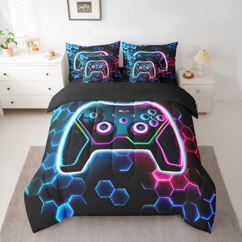Erosebridal 3D Gamer Comforter Sets with Sheets - Cool Gaming Bedding Set Full for Boys Girls Colorful Neon Lights 7Pcs Bed in A Bag, Hexagon Honeycomb Bed Set