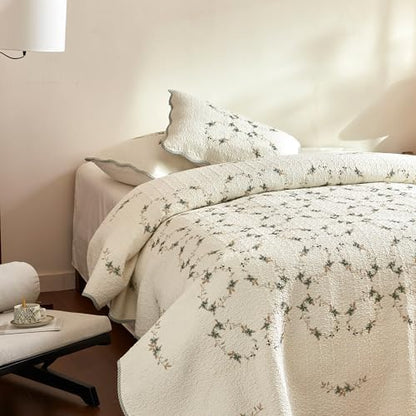 MarCielo 3Pcs Soft Cream Cotton Quilt Bedspread Set European Cottage Style TC153