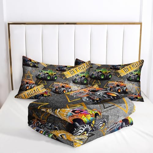 Twin Size Monster Truck Comforter Sets for Boys，Monster Truck Twin Size Bedding Sets Boys，with 1 Comforter with 2 Pillow Case，Kids Monster Truck Themed Bedroom Decor