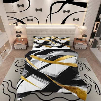 jejeloiu Black Gold Comforter Set Twin Size Geometric Bedding Set for Kids Boys Girls Stripe Line Duvet Quilt Modern Abstract Bedroom Decor Microfiber 2 Pcs with 1 Pillow Cases