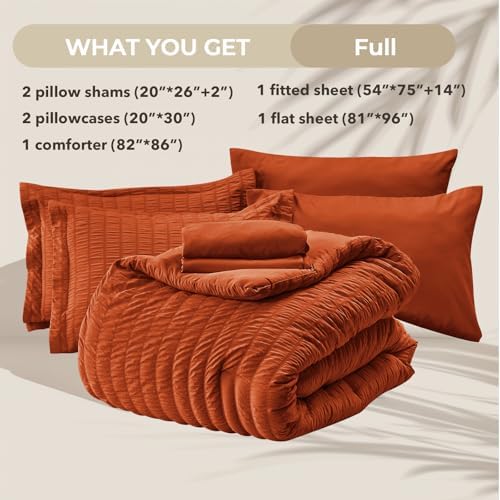 HYMOKEGE Burnt Orange Full Size Comforter Sets Seersucker 7 Pieces, All Season Luxury Bed in a Bag for Bedroom, Bedding Set with Comforters, Sheets, Pillowcases & Shams