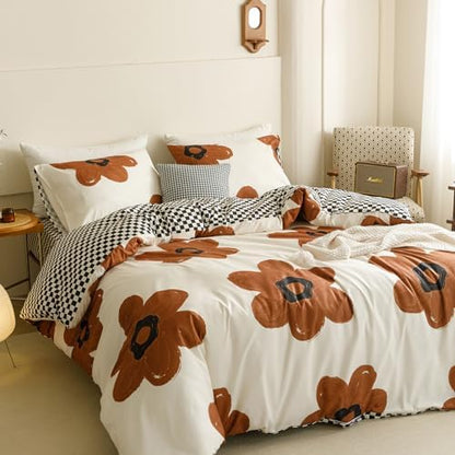 Wellboo Boho Floral Comforter Sets California King Pumpkin Sunflower Bedding Set Cal King White and Pumpkin Botanical Bed Brown Floral Quilts Large Flower Plant Blankets Watercolor Flower Bohemian Bed