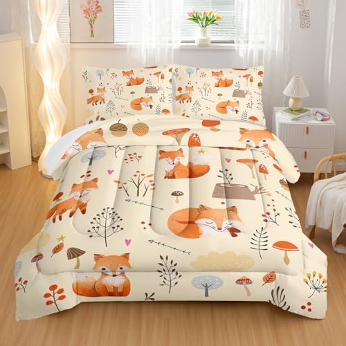 Nttopship Fox Comforter Set Queen，Cute Fox Bedding Set 3-Pieces Quilt Set 3D Animal Plants Leaves Printed Theme Bedding Set for Boys Girls Kids Bedroom Decor Comforter with 2 Pillowcases