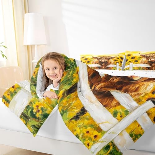 jejeloiu Highland Cow Comforter Set All Season Highland Cattle Bedding Set with 2 Pillow Cases Sunflower Farmhouse Microfiber Kids Full Bedclothes Wildlife Bedroom Decor Duvet Quilt Breathable Soft