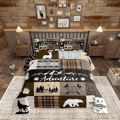 Castle Fairy Bear Print Full Size Comforter Set,Deer Antler Wolf Animals Hunting Adventure Bedding Comforters Bedroom Collection,Lodge Arrow Retro Brown Camper Plaid Bedding Set for Girls Teens