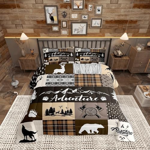 Castle Fairy Hunting Adventure Comforter Set King Size,Deer Bear Wolf Rustic Farmhouse Bedding Set All Season Quilt Set,Exotic Aztec Boho Tribal Brown Check Microfiber Polyester Down Comforter