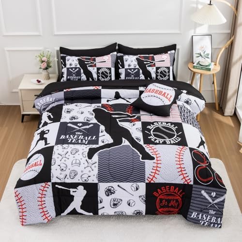 A Nice Night Sports Baseball Comforter Queen Bedding Set for Boys,Black