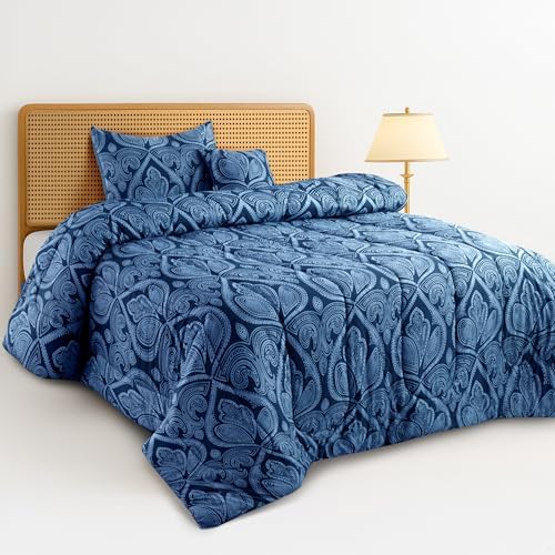 LUX Décor Reversible 4pc Twin Comforter Set, Printed Bedding Set, All-in-One Bed in a Bag, Includes 1 Comforter, 1 Pillow Sham, 1 Decor Pillow & 1 Bed Skirt (Paisley Navy,Twin)