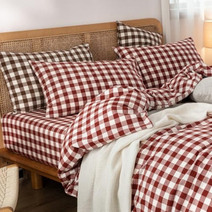 BESTOUCH Gingham Cotton Duvet Cover Set Fired Brick Red King