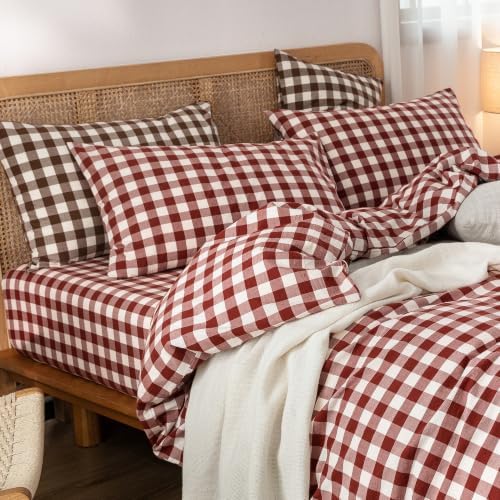 BESTOUCH Gingham Cotton Duvet Cover Set Fired Brick Red Full