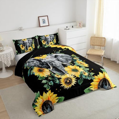 Elephant Comforter Set, Yellow Sunflower Down Comforter Full Size for Kids Girls Teens Adult Bedroom Decor, African Safari Animal Duvet Sets Floral Petal Country Bedding Set with 2 Pillow Cases