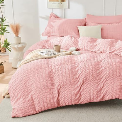 HYMOKEGE Rose Pink Twin Comforter Set Seersucker 5 Pieces, All Season Luxury Bed in a Bag for Bedroom, Bedding Set with Comforter, Sheets, Pillowcase & Sham