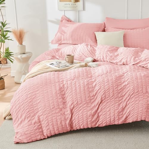 HYMOKEGE Rose Pink Queen Comforter Set Seersucker 7 Pieces, All Season Luxury Bed in a Bag Queen for Bedroom, Bedding Set with Comforter, Sheets, Pillowcases & Shams