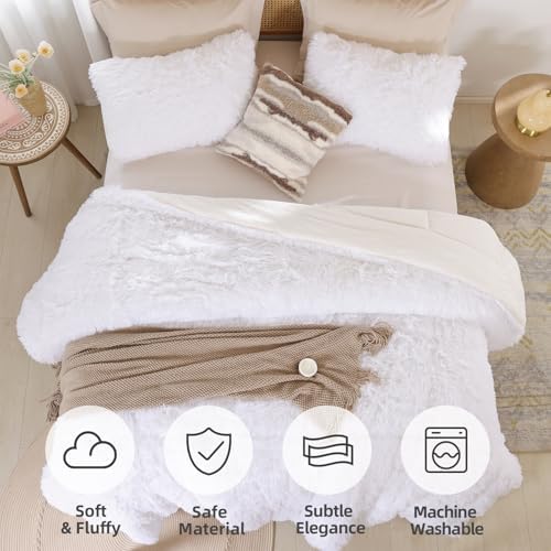 Smoofy Fluffy Queen Comforter Set, White Faux Fur Comforter Set 3 Pieces