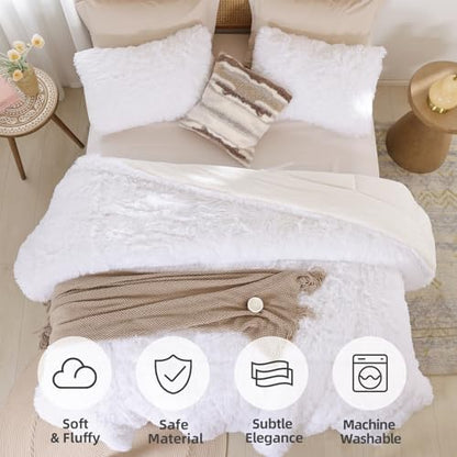 Smoofy Fluffy Queen Comforter Set, White Faux Fur Comforter Set 3 Pieces
