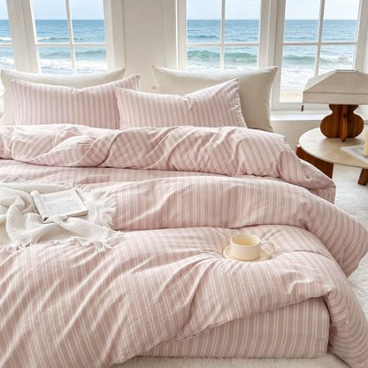 Striped Duvet Cover Set Queen Size 3 Piece 100% Washed Cotton Linen Like Textured Bedding Comfy Breathable (Queen, Double Stripe-Greyish Pink/White)