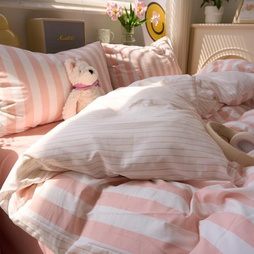 VM VOUGEMARKET Pink Striped Duvet Cover Twin Size Girls Dorm Bedding Set Pink White Stripes Duvet Cover with 2 Pillowcases Soft Lightweight Microfiber Farmhouse Comforter Cover-68 x86