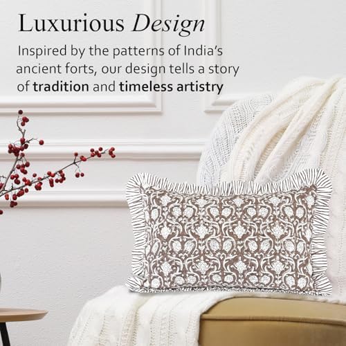 CPC Block Print Mocha Regal Ruffle Cotton Lumbar Pillow Cover 12x20 inch