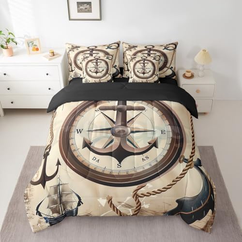 Erosebridal 7Pcs Nautical Anchor Comforter Set Twin Size,Vintage Compass Bedding Set for Kids Boys Girls,Sailboat Ocean Ship Bed in A Bag,Retro Brown Sheet Set with Comforter