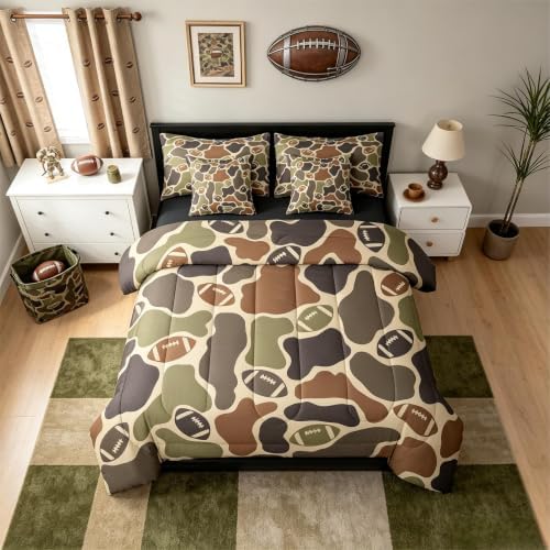 Erosebridal American Football 7 Piece Bedding Set Full Camo Comforter Set with Sheets Sports Theme Camouflage Printed Bed in a Bag Football Brown Green Camo for Kids Boys Teens