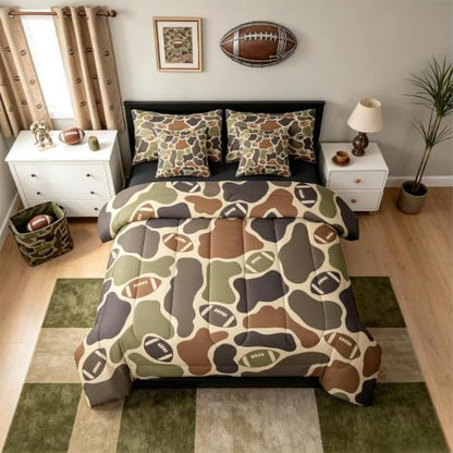 Erosebridal American Football 7 Piece Bedding Set Full Camo Comforter Set with Sheets Sports Theme Camouflage Printed Bed in a Bag Football Brown Green Camo for Kids Boys Teens