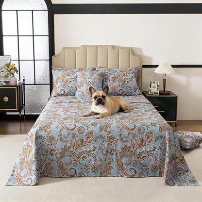 FADFAY Luxury Queen Percale Cotton Sheet Set – Elegant Vintage Blue Paisley Bedding, Ultra Soft & Breathable, Deep Pocket Fitted Sheet, Timeless French Country Heirloom Style, 4 Piece Set