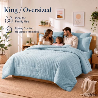 CozyLux Oversized Queen Seersucker Comforter Set, Light Blue, 98 x 98 in
