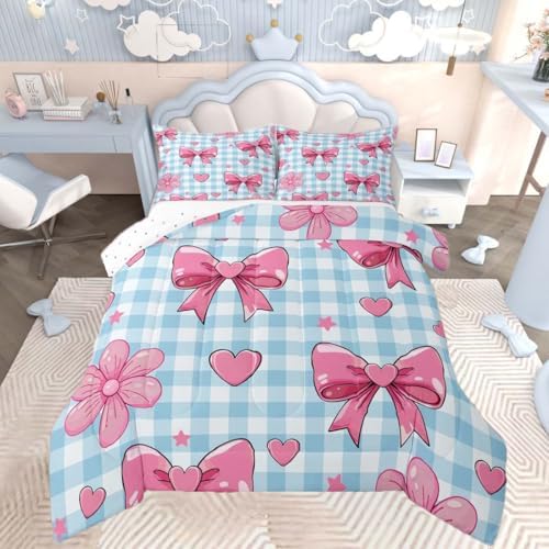 jejeloiu Bowknot Comforter Set Twin Size Bedding Set for Kids Boys Girls