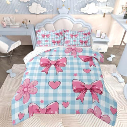 jejeloiu Bowknot Kids Comforter Set Toddler Size Checkerboard Bedding Set Blue Pink Bow Duvet Quilt for Kids Boys Girls Bedroom Plaid Decor Microfiber Ultra Soft Breathable