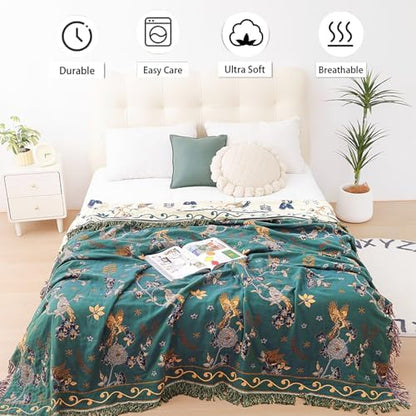 VANJOROY Boho 100% Cotton Large Throw Blanket King - All Season Rustic Ultra Soft Breathable Floral Bird Blanket for Bed Sofa Couch Chair Bedspread Quilt Gift, 91" x 108"-Teal/Beige