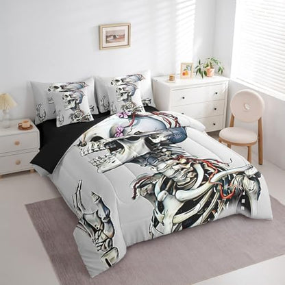 Erosebridal 7Pcs White Skull Comforter Set Queen Size,Death Bones Skeleton Bedding Set,Horror Spooky Floral Bed in A Bag,Halloween Decor Sheet Set with Comforter