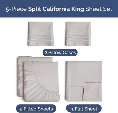 Split California King Bed Sheet Set - 5 Piece Split Cal King Size Sheets - Ultra-Soft, Breathable & Cooling - Comfy, Wrinkle & Fade Resistant - Fits 8" to 16" Mattress with Deep Pockets - Light Grey