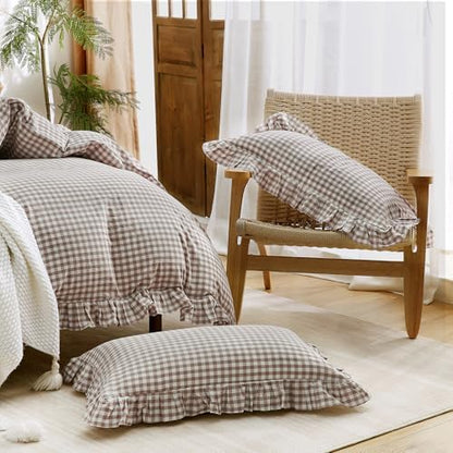 ATsense Tan Gingham Ruffle Duvet Cover Bedding Set Cotton Like Linen, Full