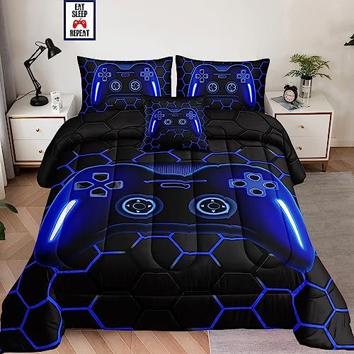 5 Pieces Bed in a Bag for Boys Bedding Sets Twin Size,Gamer Comforter Sets for Boys Kids, Gaming Comforter Set for Room Decor with Flat Sheet,Fitted Sheet,Pillowcase,Cushion Cover
