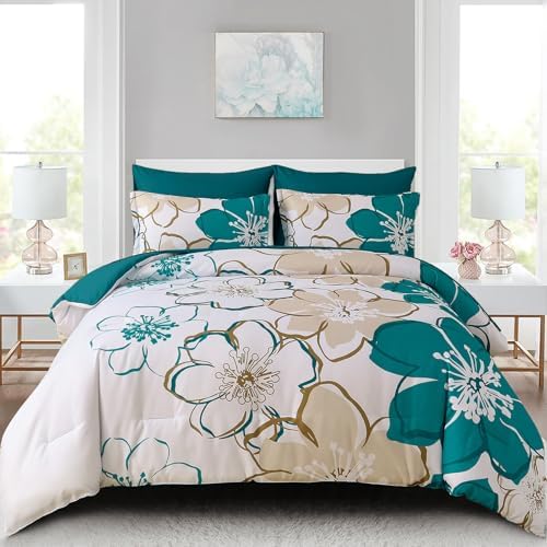 Anibedding 7Pieces Teal Grey Floral Comforter Set Queen Size, Soft Microfiber Grey Blue Bed in a Bag Comforter Set with Sheets for All Season