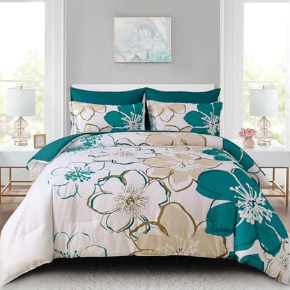 Anibedding 7Pieces Teal Grey Floral Comforter Set Queen Size, Soft Microfiber Grey Blue Bed in a Bag Comforter Set with Sheets for All Season