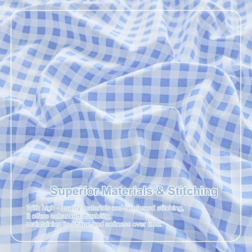 Gingham Queen Sheet Set, Lightweight Super Soft Brushed Microfiber Plaid Bed Sheets with 16" Deep Pocket, 4 Piece Ruffle Farmhouse Bedroom Decor, Blue