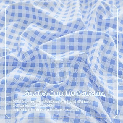 Gingham Queen Sheet Set, Lightweight Super Soft Brushed Microfiber Plaid Bed Sheets with 16" Deep Pocket, 4 Piece Ruffle Farmhouse Bedroom Decor, Blue