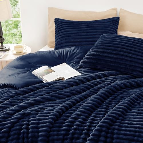 EXQ Home Fluffy Comforter Set Full Size,3 Pieces Bed Set,Navy Blue