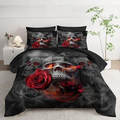 AILONEN Gothic Skull Comforter Set Queen,7-Piece Romantic Rose Smoky Skull Bed in a Bag for Boys Girls Kids,Soft Comforter & Fitted Sheet with Flat Sheet & 2 Pillowcases,2 Pillow Shams for Bedroom
