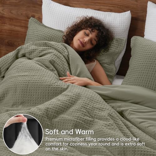 PHF Ultra Soft Waffle Comforter Set 3 Pieces Queen, Dusty Sage