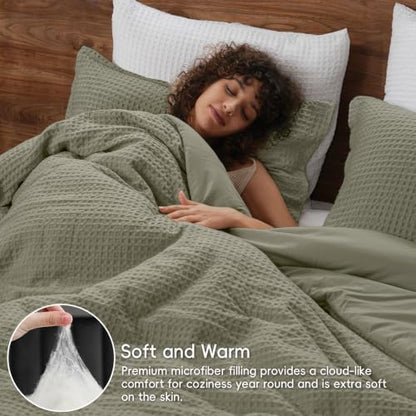 PHF Ultra Soft Waffle Comforter Set 3 Pieces Queen, Dusty Sage