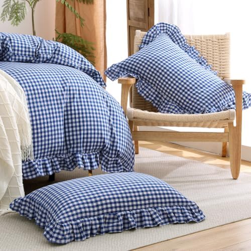 ATsense Navy Blue Gingham Ruffle Duvet Cover Set Cotton Like Linen, Queen
