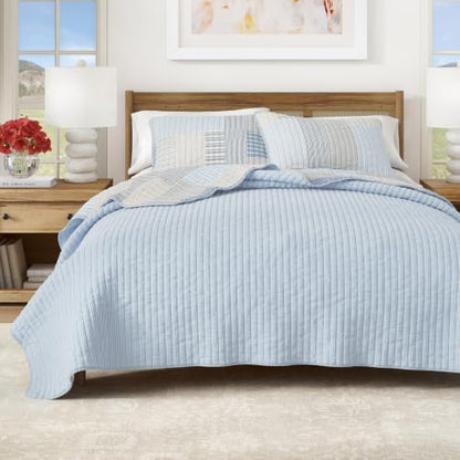 Great Bay Home Striped Quilt Set - 3-Piece Full/Queen Size Patchwork Bedding Set - Lightweight, All-Season, Reversible Bedspread (Blue Stripe Patchwork)