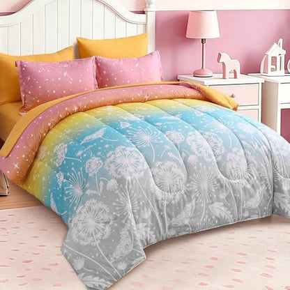 Dinjoy Girls Comforter Set 7 Pieces, King Size Colorful Ombre Rainbow Bedding Set, Bed in A Bag for Kid Teen Girls(1 Comforter, 1 Flat Sheet, 1 Fitted Sheet, 2 Pillow Shams, 2 Pillowcases)